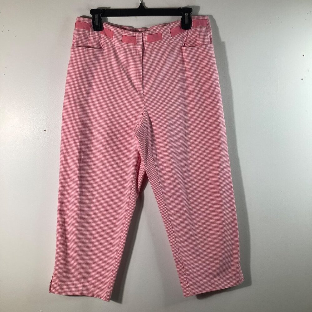 Womens Ruby Rd Gingham Cropped Pants Pink White 10 Cotton Spandex